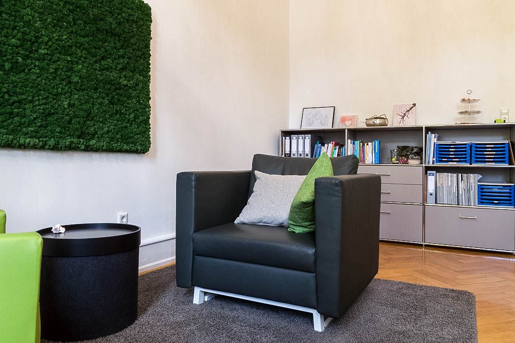 Praxiszimmer von Dipl.-Psych. Julia Bergmann mit Sessel und Regal